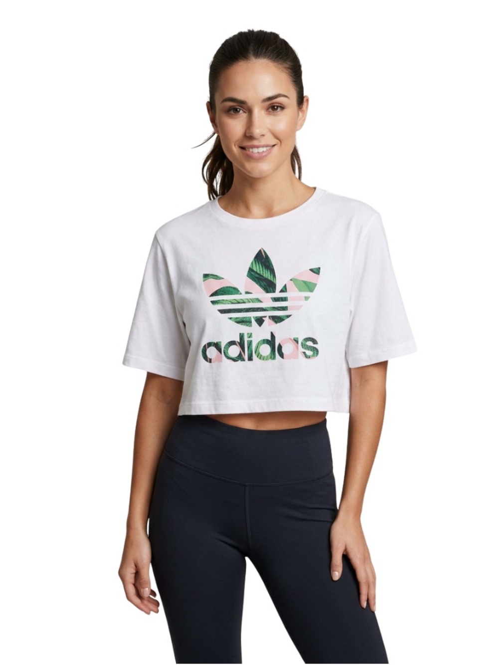 Adidas Originals White Floral Trefoil Crop Tee Botanical Logo Y2K Streetwear L